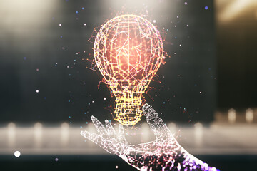 Abstract virtual light bulb hologram on contemporary business center exterior background, idea concept. Multiexposure