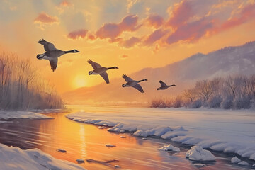 geese in flight over a frozen lake at sunset - Powered by Adobe