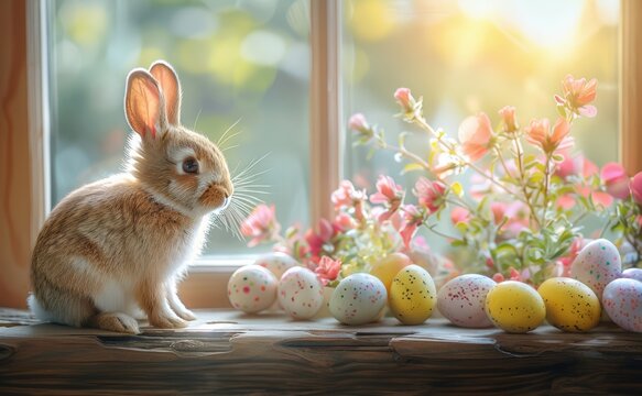 Easter bunny and easter eggs on a wooden window sill