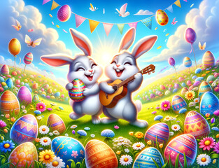Two joyful cartoon rabbits celebrate Easter in a meadow,one holding a painted egg and the other playing guitar,surrounded by colorful Easter eggs with copy space.Happy Easter greeting card.AI generate