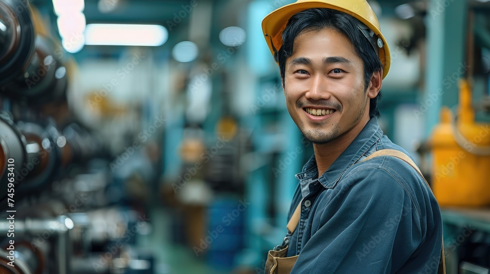 Poster asian man smiling and holding a drill in his hand, in a clean and tidy factory. generative ai.