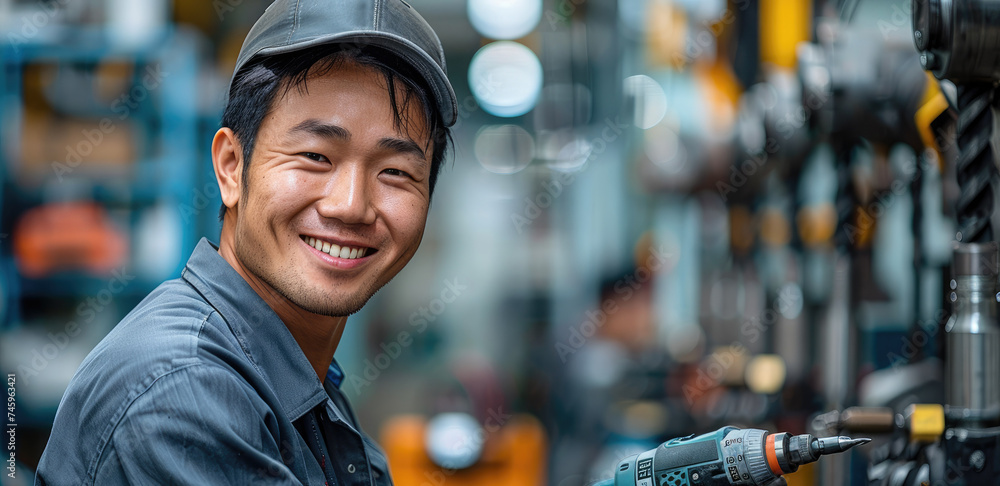 Poster asian man smiling and holding a drill in his hand, in a clean and tidy factory. generative ai.
