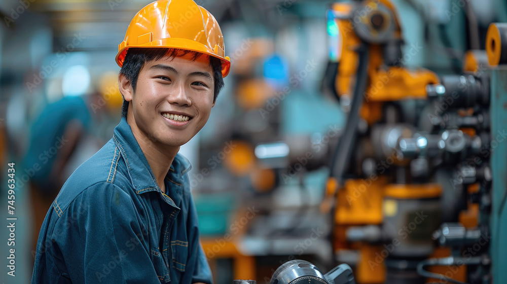 Poster asian man smiling and holding a drill in his hand, in a clean and tidy factory. generative ai.