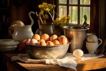 Warm, kitchen scene with eggs, pottery, and fresh flowers basking in sunlight.
