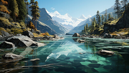 A painting with beautiful mountain scenery and blue waters in the background. Background wallpaper