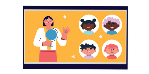 Back to school. Little boys and girls with School supplies. Cartoon flat vector illustration. Funny cartoon kids characters. Happy kids at school banner.