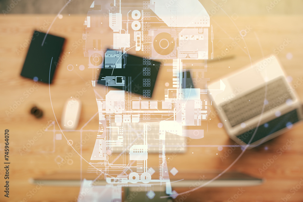 Poster double exposure of creative human head microcircuit with computer on background. future technology a
