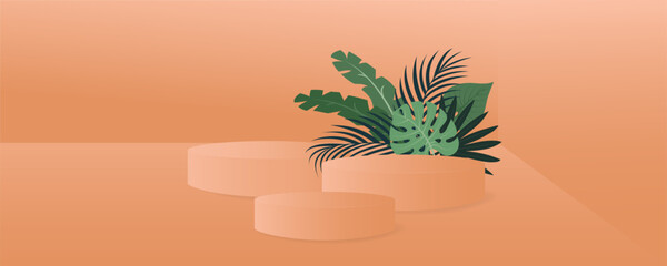Abstract background in trendy color 2024 "Apricot Crush" with tropical leaves and  three stands (podium, pedestal).
