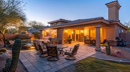 A house at desert landscaping at morning time, Outdoor seating  - obrazy, fototapety, plakaty