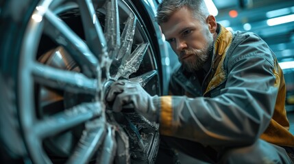 Fototapeta na wymiar Close up of a man repairing and alloy wheel. Generative AI.