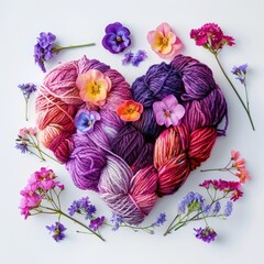 Heart Made of Yarn and Flowers. Love knitting and crocheting. Wool balls and skeins