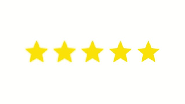 Five Stars Rating Animation on White Background with Falling Stars. Symbol of Quality and Excellence. 5 Stars Rating in 4K Resolution.