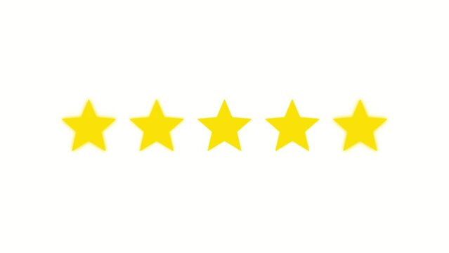 Five Stars Rating Animation on White Background with Zooming Stars. Symbol of Quality and Excellence. Animated Isolated 5 Star Rating in 4K Resolution.