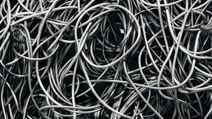 Abstract background with creative black and white wires and cables. Top view.