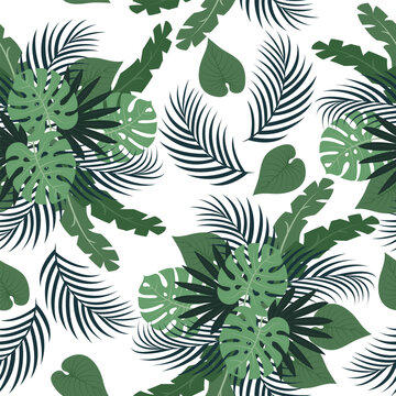 Seamless pattern with hand drawn tropical monstera and palm leaves on white background.