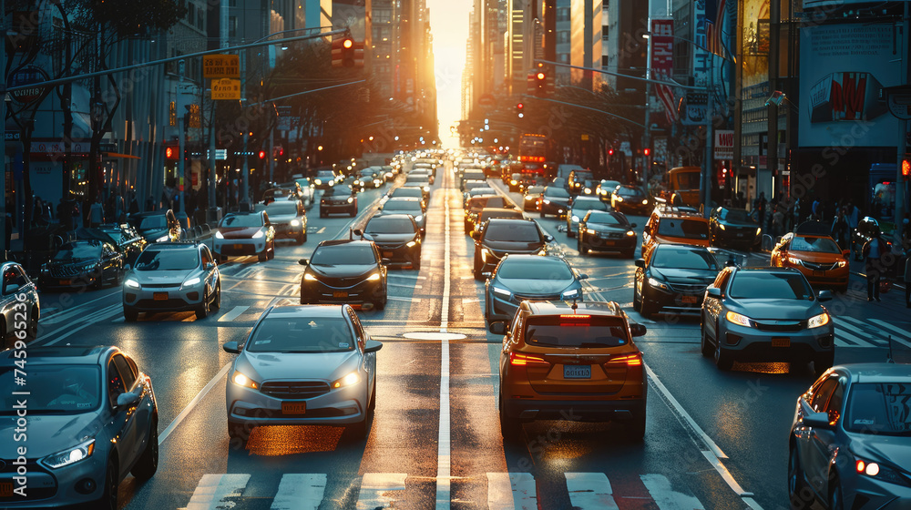 Poster a street scene showcasing self-driving cars navigating seamlessly through traffic. generative ai.