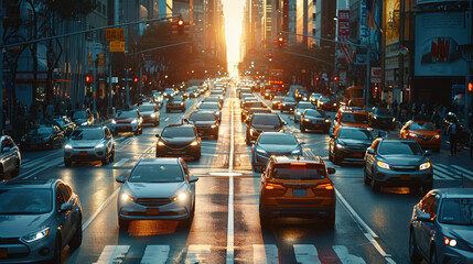 A street scene showcasing self-driving cars navigating seamlessly through traffic. Generative AI.