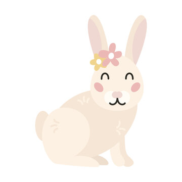 Cute bunny with flower on head. Little easter rabbit 