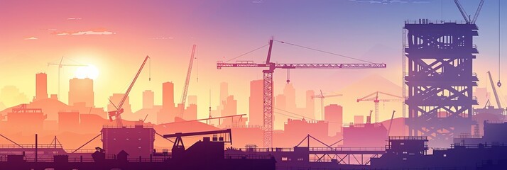 Construction site in a vector urban landscape at dusk featuring cranes, concrete structures, and equipment silhouettes. City development and building process background. Reconstruction concept 