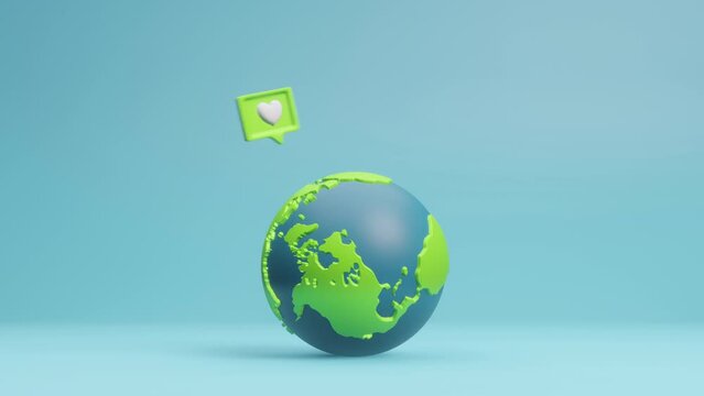 Earth ecological green energy icons. Rotating planet earth with heart, concept of sustainability building, green environment caring, global warming protection, sustainable development. 3d animation