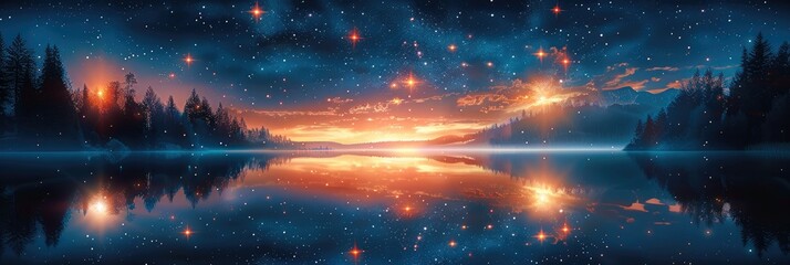 A night sky with stars above a lake. Generative AI.