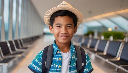 The boy was happy because he was going to ride an airplane - obrazy, fototapety, plakaty