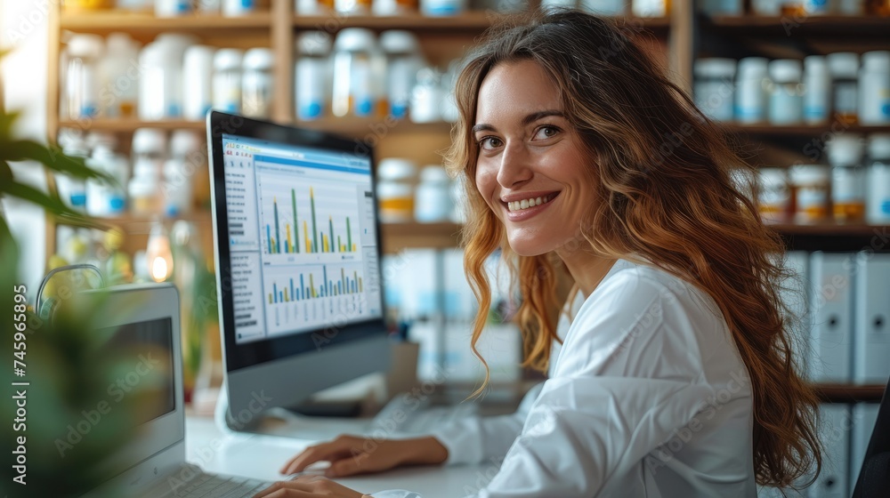 Poster smiling woman looking at her computer with dietary supplements on her desk and a computer screen dis