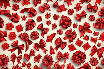 Big set of red gift bows with ribbons. Vector illustration