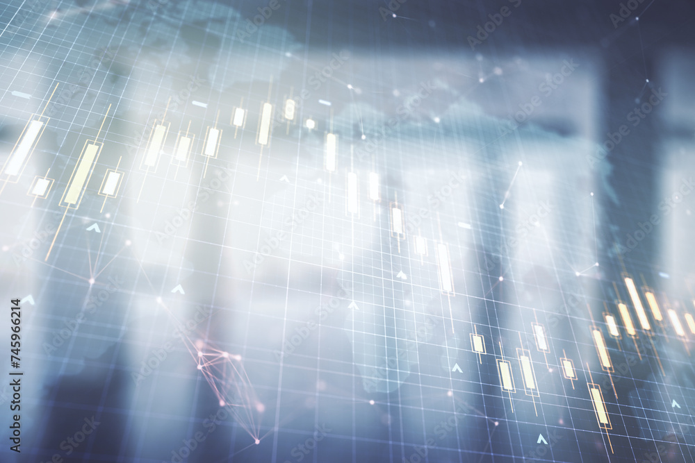 Poster multi exposure of virtual abstract financial chart hologram and world map on empty modern office bac