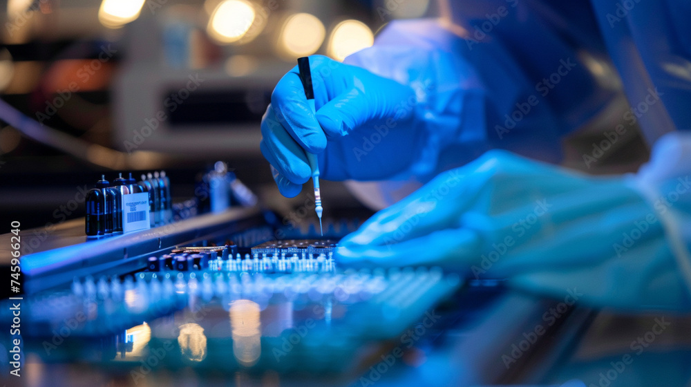 Poster with a blend of craftsmanship and technical skill, workers stand at the assembly line in a semicondu