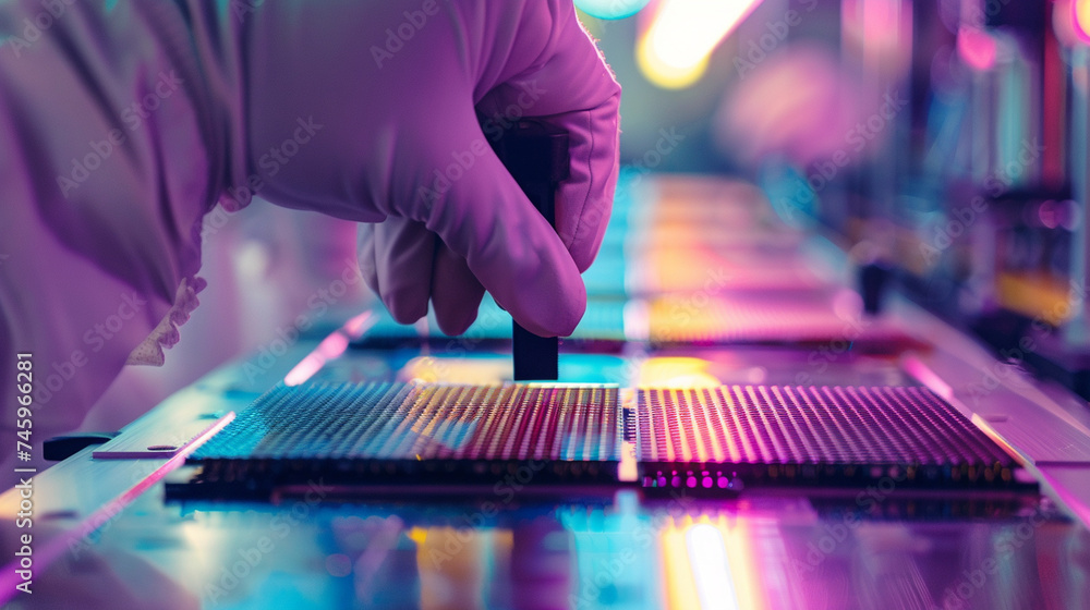 Poster in the controlled environment of microchip fabrication, a close-up perspective showcases workers at 