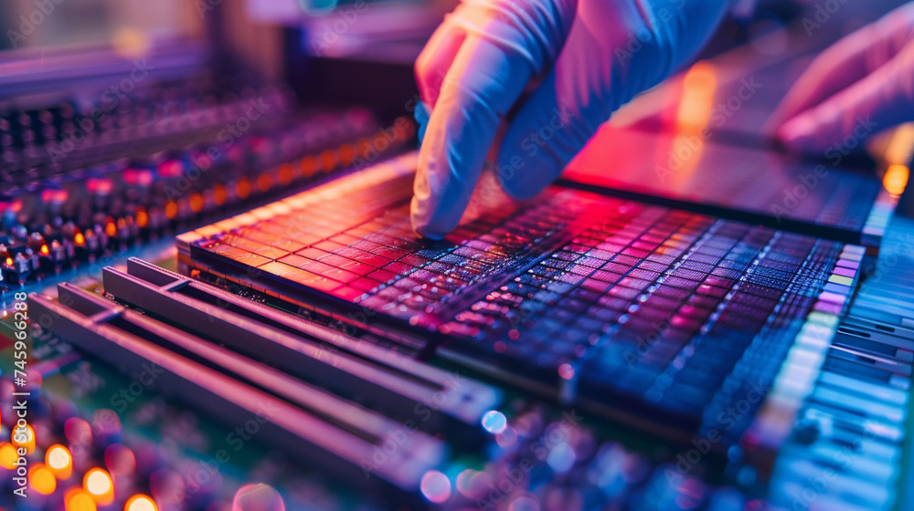 Poster in the controlled environment of microchip fabrication, a close-up perspective showcases workers at 
