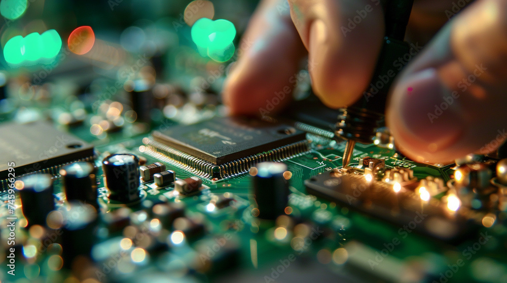 Poster in the fast-paced world of microchip production, a close-up view captures workers at the assembly li