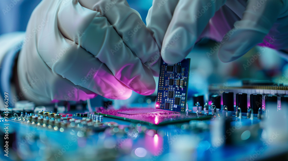 Aufkleber in the controlled environment of microchip fabrication, a close-up perspective showcases workers at 