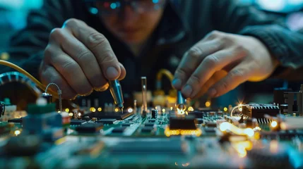 Fotobehang With unwavering concentration, individuals work at the assembly line, meticulously soldering and inspecting microchips with precision tools, ensuring the quality and reliability of © Maksym