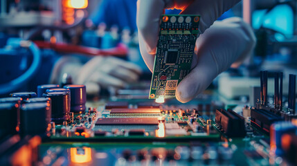 With a blend of craftsmanship and technical skill, workers stand at the assembly line in a semiconductor facility, carefully assembling microchips with intricate circuits and compo