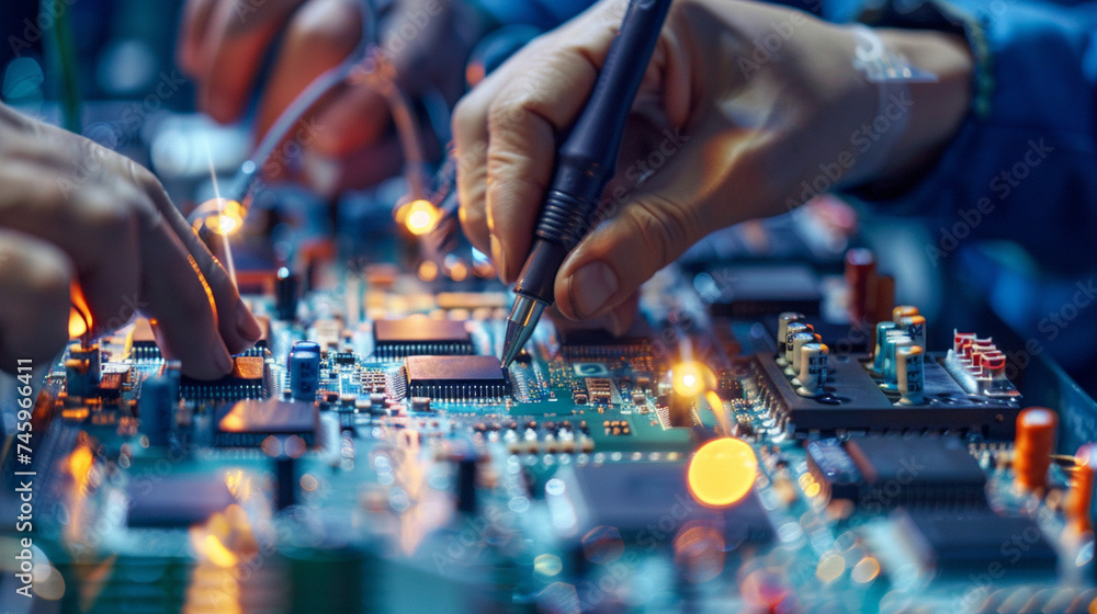 Poster with meticulous craftsmanship, individuals work at the assembly line, assembling and calibrating mic