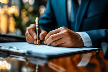 Businessman use elegant pen to signing contract in modern office - obrazy, fototapety, plakaty