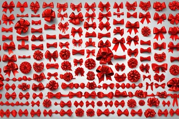 Big set of red gift bows with ribbons. Vector illustration