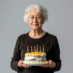 old woman holding birthday cake with candles
