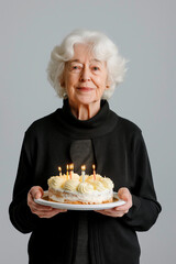 senior woman holding birthday cake with candles