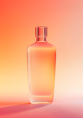 Elegant coral-hued cosmetic spray bottle on a soft pink background.