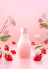 Frosted pink bottle with fresh strawberries and pearls on a draped pink backdrop.