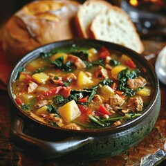 Pasta, carrots, tomatoes, and spinach mingle in a homemade chicken vegetable soup, gently simmering on the stove in a pot.