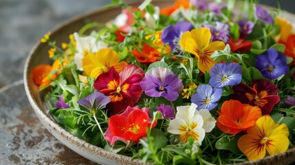 Served on a dark plate, a colorful edible flower salad with fresh greens dazzles the senses, showcasing a variety of vibrant blossoms.