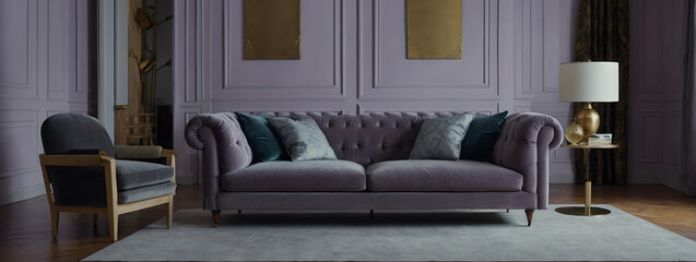 Interior design with a gray velvet sofa against a soft lavender wall. 