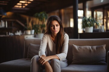 Young woman in pajamas suffering from headache - health and wellness concept at home