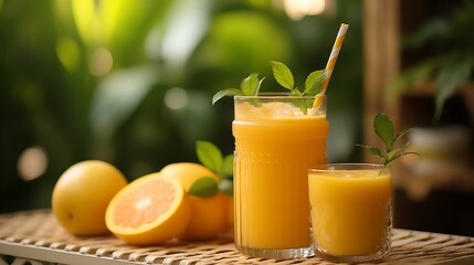 Refreshing orange carrot juice on blurred green bokeh background with copyspace for text