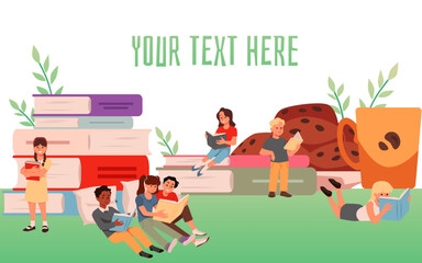 World Book Day vector banner with teenagers reading.
