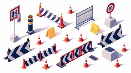 Isometric detailed icon set for road signs and barriers, vector graphic illustration design